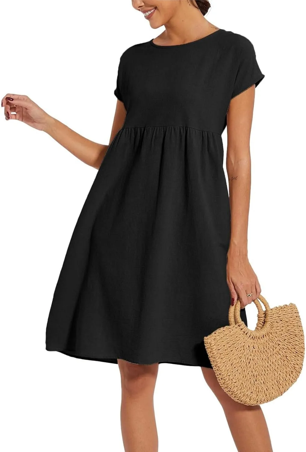 Cotton Linen Dress Womens Casual Summer Cap Sleeve Midi Dress A Line Flowy Knee Length T Shirt Dress with Pockets