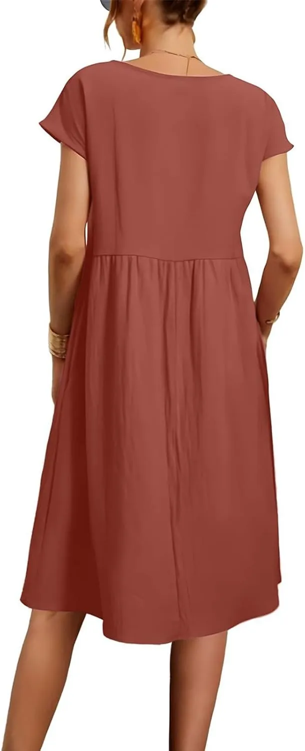 Cotton Linen Dress Womens Casual Summer Cap Sleeve Midi Dress A Line Flowy Knee Length T Shirt Dress with Pockets