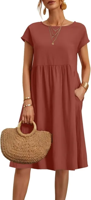 Cotton Linen Dress Womens Casual Summer Cap Sleeve Midi Dress A Line Flowy Knee Length T Shirt Dress with Pockets