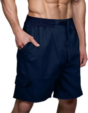 Cotton Linen Shorts for Men Solid Color Lightweight Cargo Elastic Waist Drawstring Beach Pants with Pockets