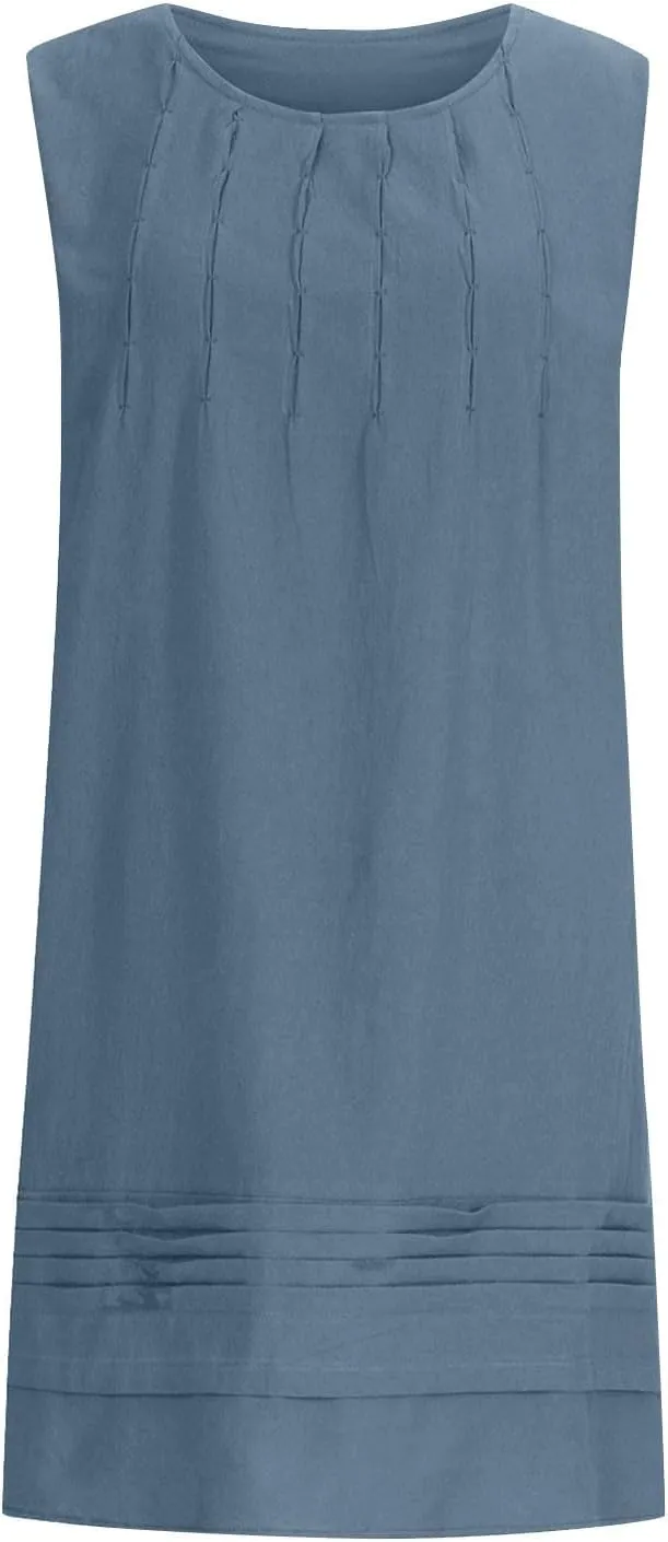 Cotton Linen Sundresses for Women Plus Size Sleeveless Crewneck Pleated Shift Tank Dress Casual Summer Beach Dresses