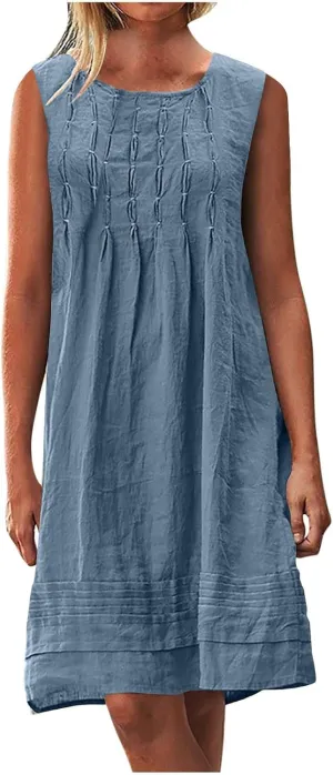 Cotton Linen Sundresses for Women Plus Size Sleeveless Crewneck Pleated Shift Tank Dress Casual Summer Beach Dresses
