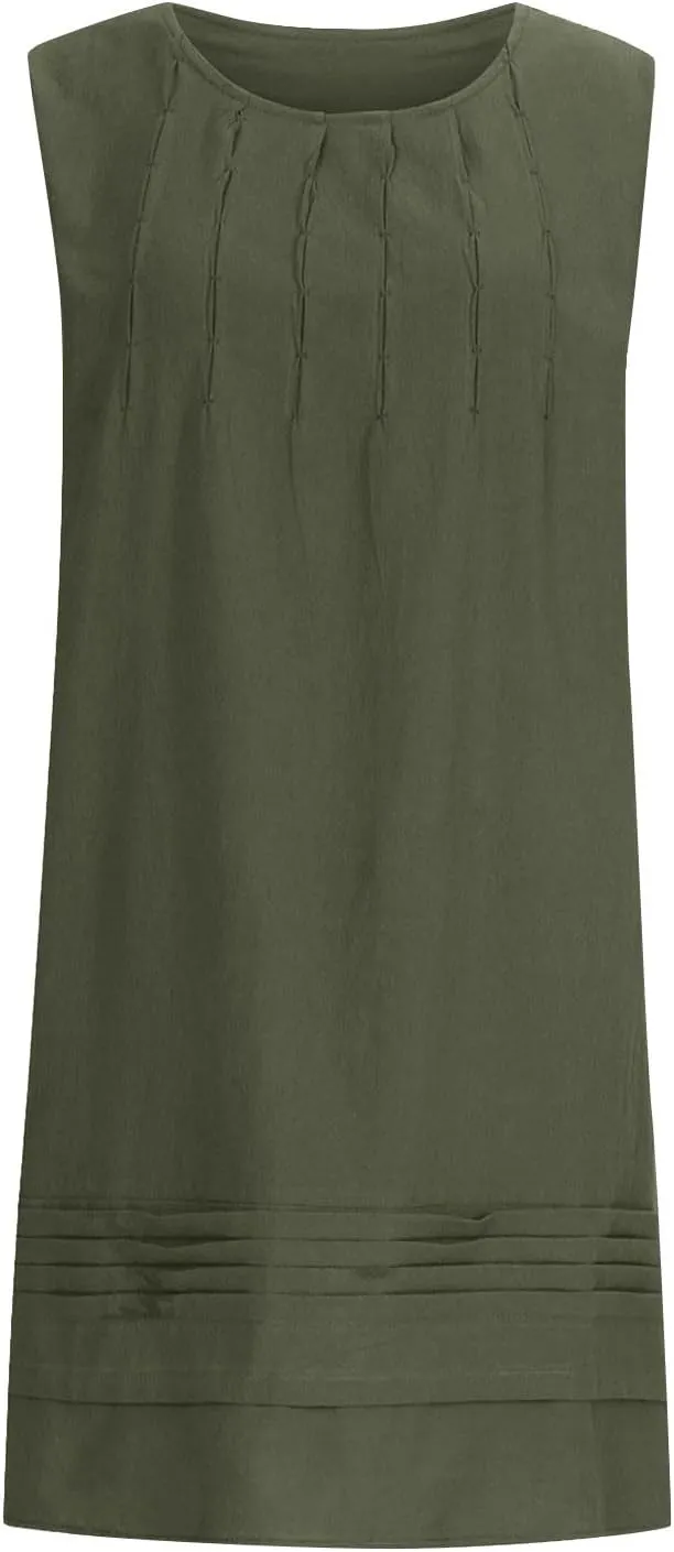 Cotton Linen Sundresses for Women Plus Size Sleeveless Crewneck Pleated Shift Tank Dress Casual Summer Beach Dresses