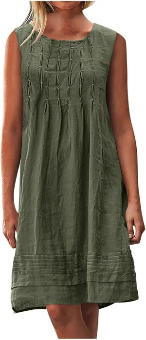 Cotton Linen Sundresses for Women Plus Size Sleeveless Crewneck Pleated Shift Tank Dress Casual Summer Beach Dresses