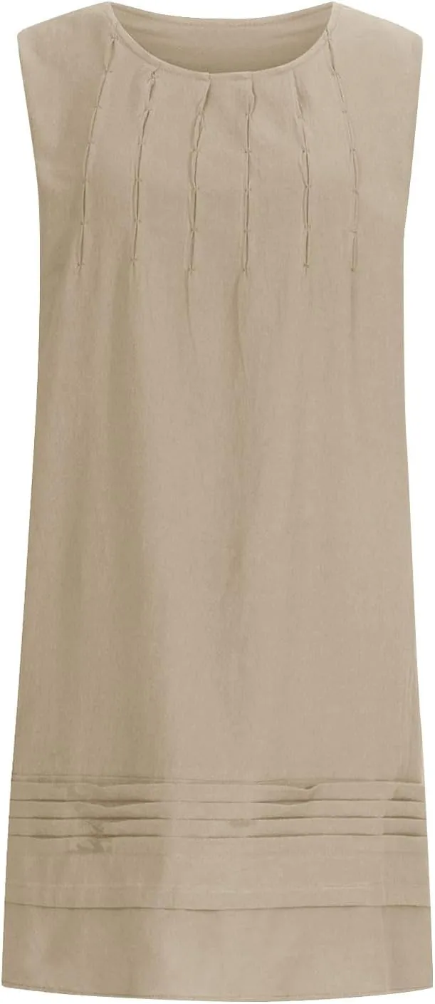 Cotton Linen Sundresses for Women Plus Size Sleeveless Crewneck Pleated Shift Tank Dress Casual Summer Beach Dresses