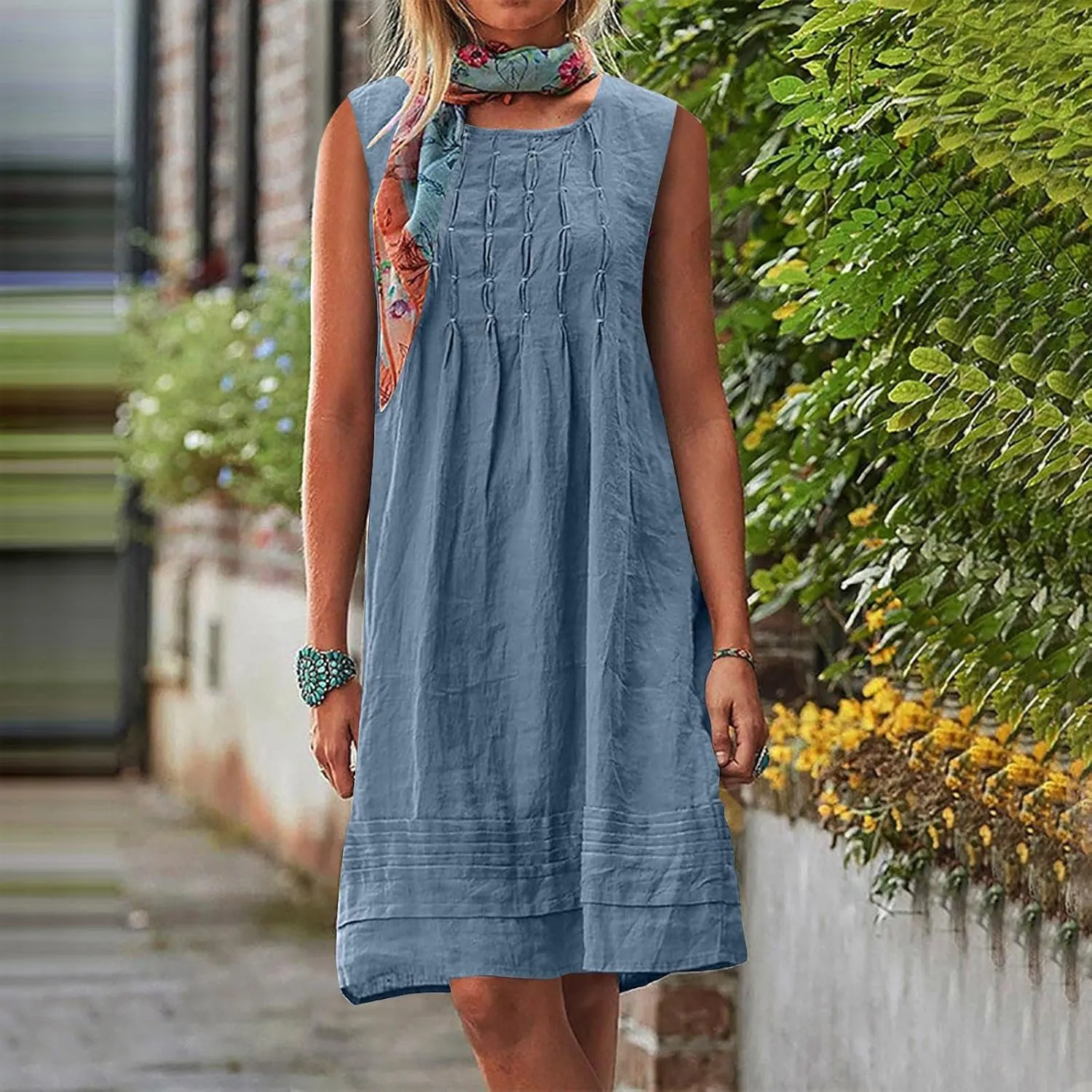 Cotton Linen Sundresses for Women Plus Size Sleeveless Crewneck Pleated Shift Tank Dress Casual Summer Beach Dresses