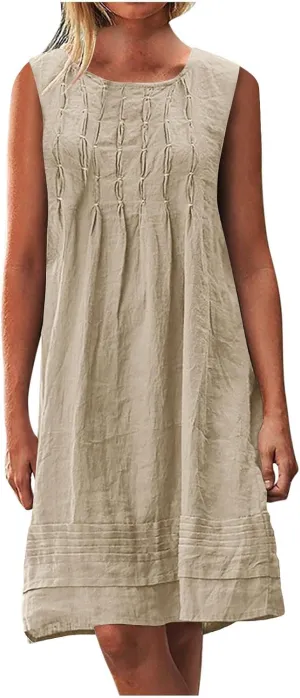 Cotton Linen Sundresses for Women Plus Size Sleeveless Crewneck Pleated Shift Tank Dress Casual Summer Beach Dresses