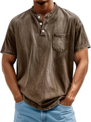 Distressed Henley Shirts for Men Acid Washed Oversized T Shirts Short Sleeve Summer Tops Stylish Vintage Plain Tees