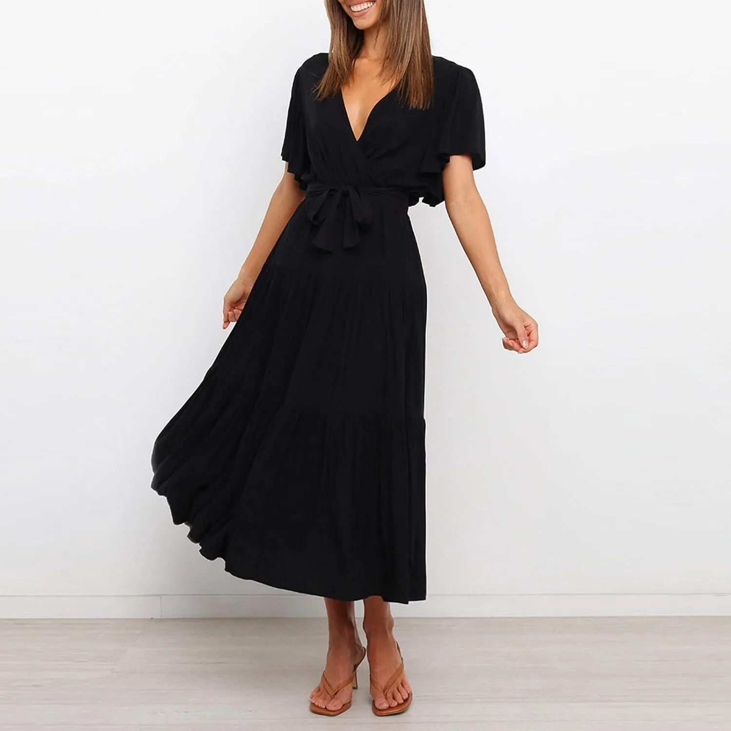 Dresses for Women Spring Wrap Dress Ruffle Short Sleeve V Neck Midi Dress Tiered Fashion Dress Summer with Belt