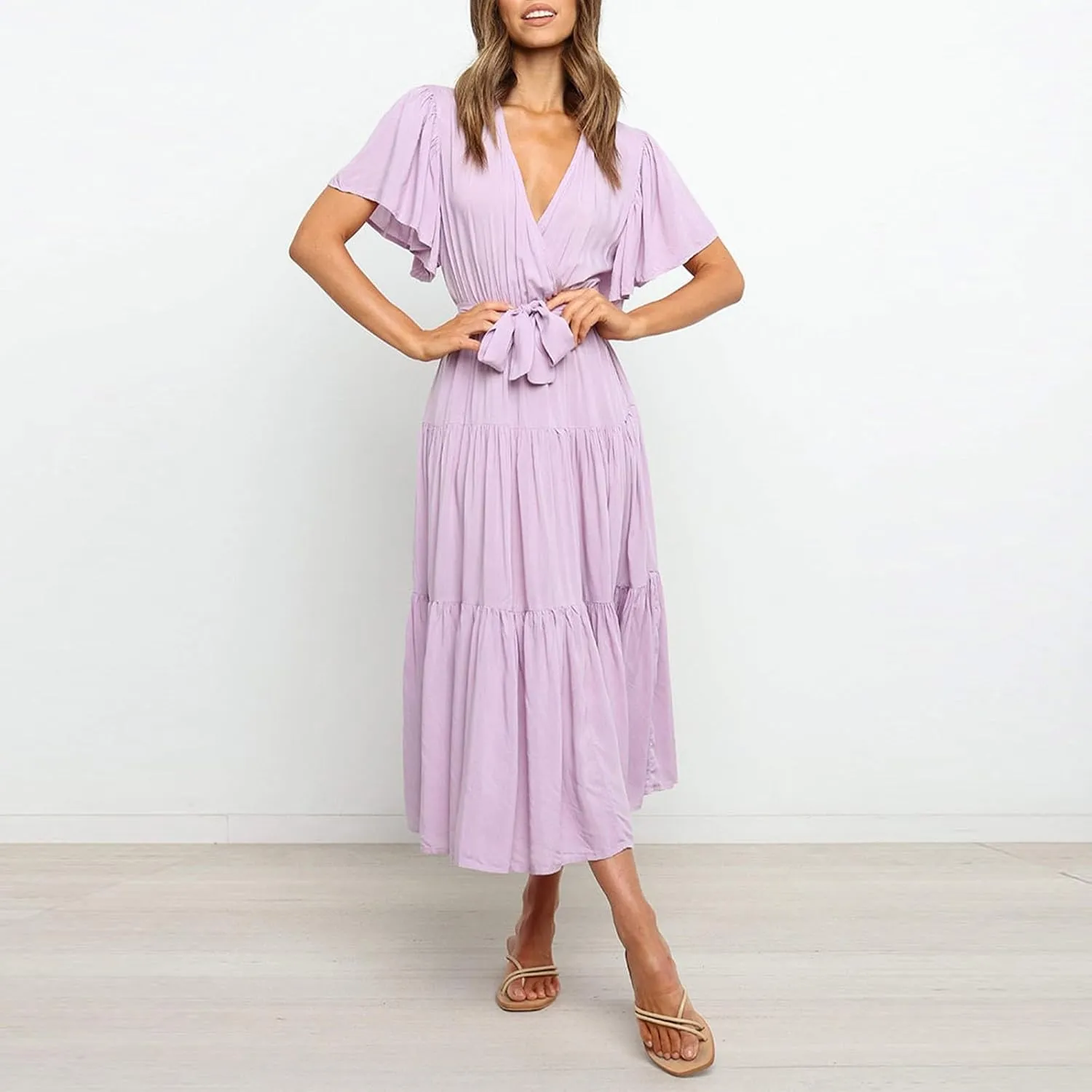 Dresses for Women Spring Wrap Dress Ruffle Short Sleeve V Neck Midi Dress Tiered Fashion Dress Summer with Belt
