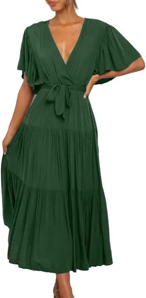 Dresses for Women Spring Wrap Dress Ruffle Short Sleeve V Neck Midi Dress Tiered Fashion Dress Summer with Belt