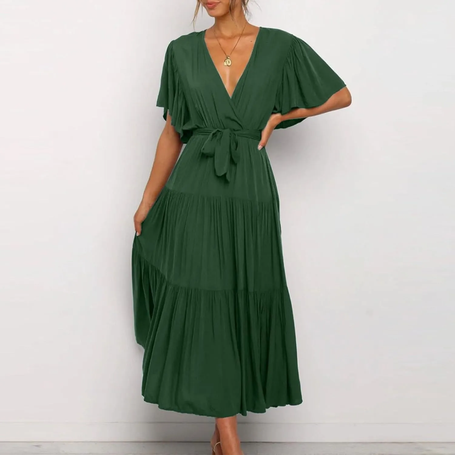 Dresses for Women Spring Wrap Dress Ruffle Short Sleeve V Neck Midi Dress Tiered Fashion Dress Summer with Belt