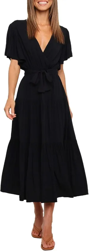 Dresses for Women Spring Wrap Dress Ruffle Short Sleeve V Neck Midi Dress Tiered Fashion Dress Summer with Belt