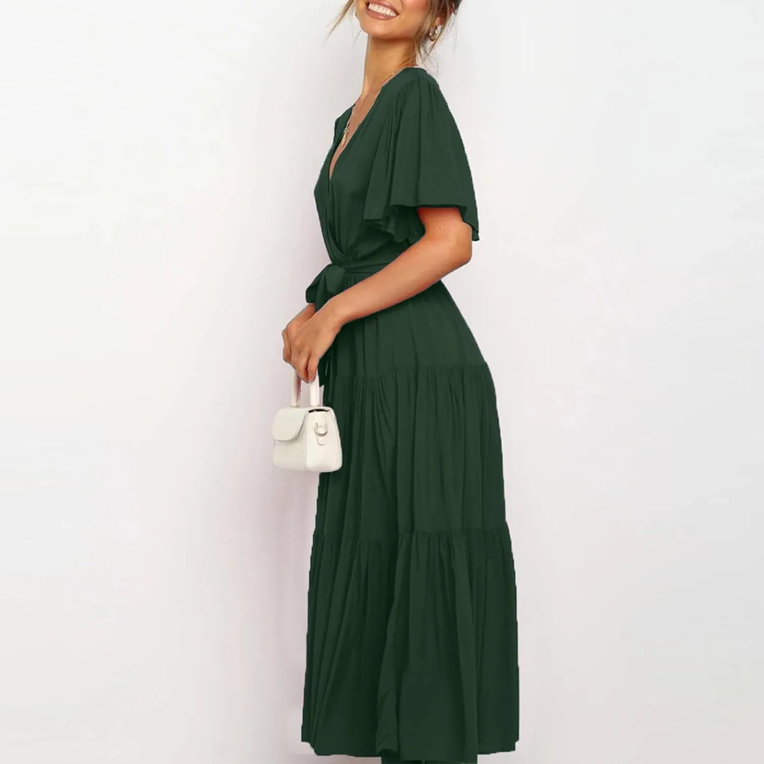 Dresses for Women Spring Wrap Dress Ruffle Short Sleeve V Neck Midi Dress Tiered Fashion Dress Summer with Belt