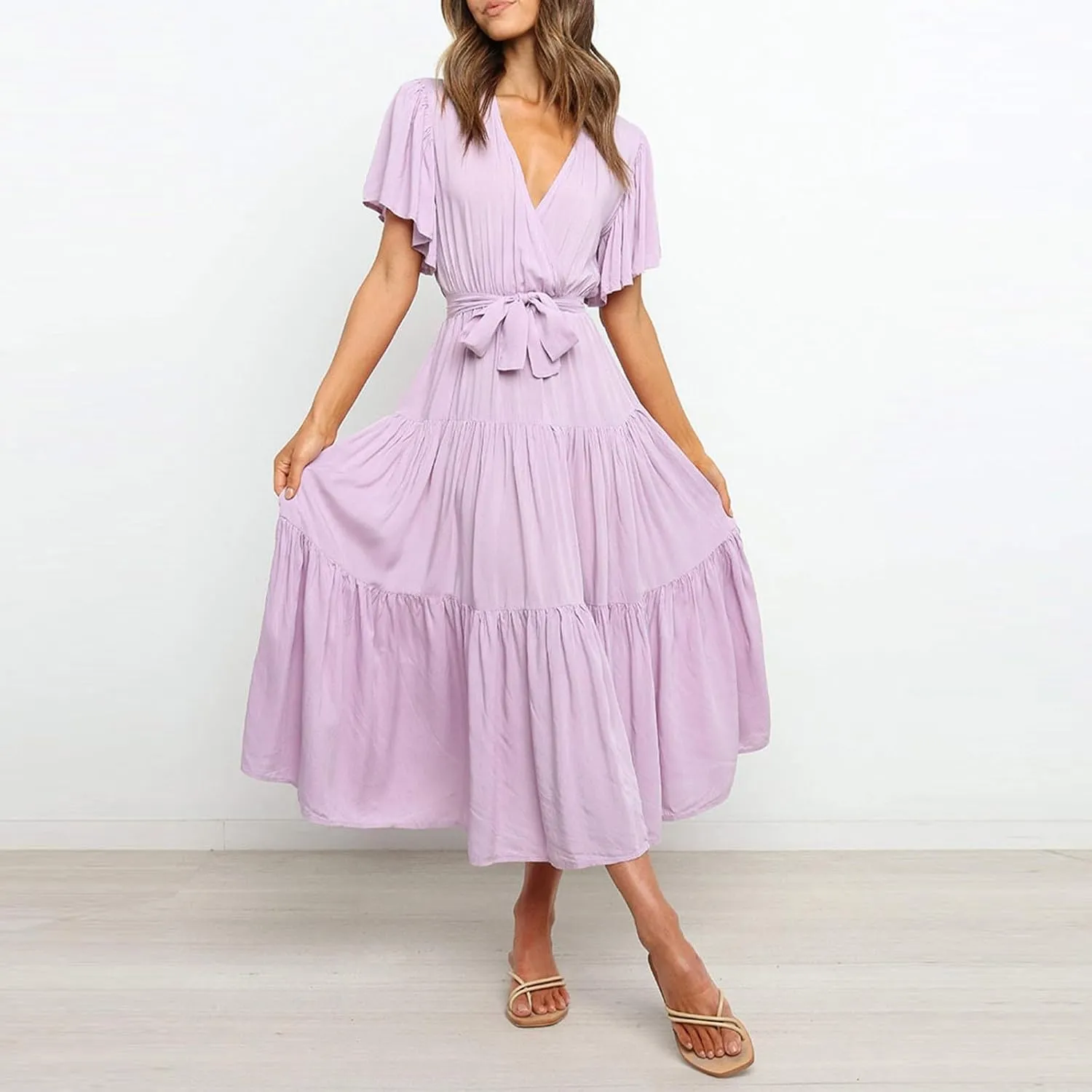 Dresses for Women Spring Wrap Dress Ruffle Short Sleeve V Neck Midi Dress Tiered Fashion Dress Summer with Belt