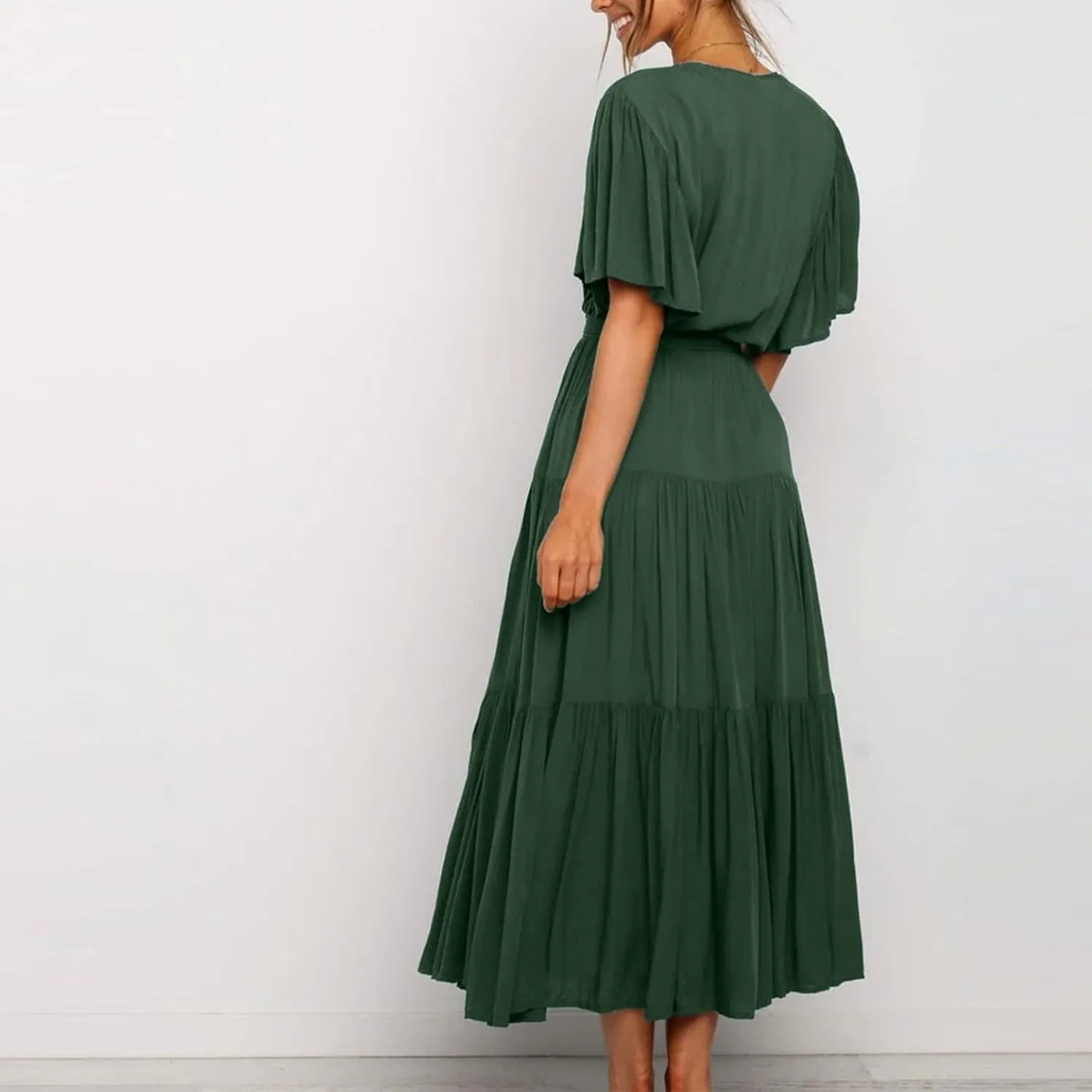 Dresses for Women Spring Wrap Dress Ruffle Short Sleeve V Neck Midi Dress Tiered Fashion Dress Summer with Belt