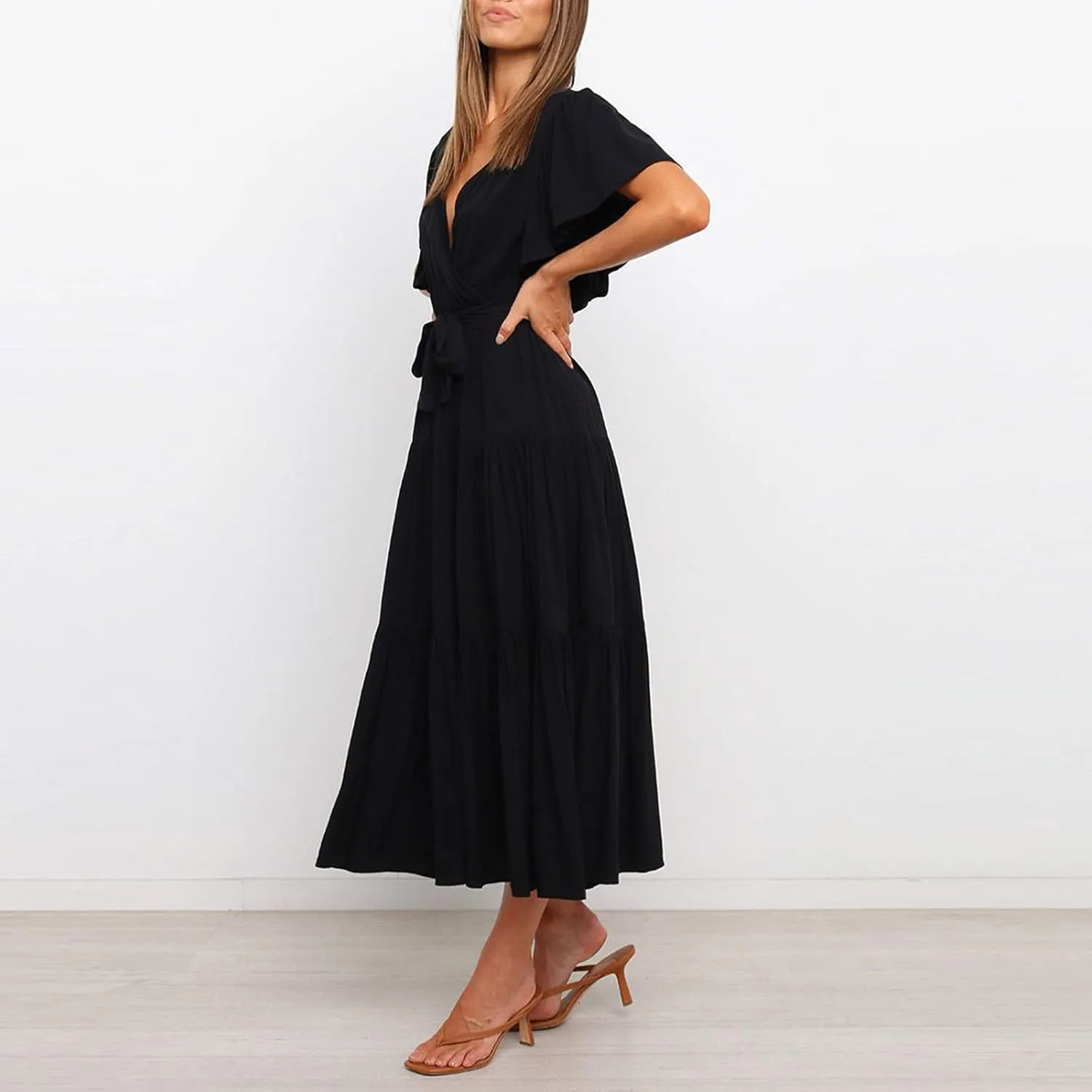 Dresses for Women Spring Wrap Dress Ruffle Short Sleeve V Neck Midi Dress Tiered Fashion Dress Summer with Belt