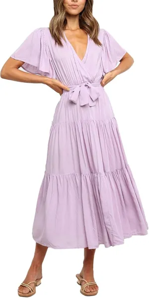 Dresses for Women Spring Wrap Dress Ruffle Short Sleeve V Neck Midi Dress Tiered Fashion Dress Summer with Belt
