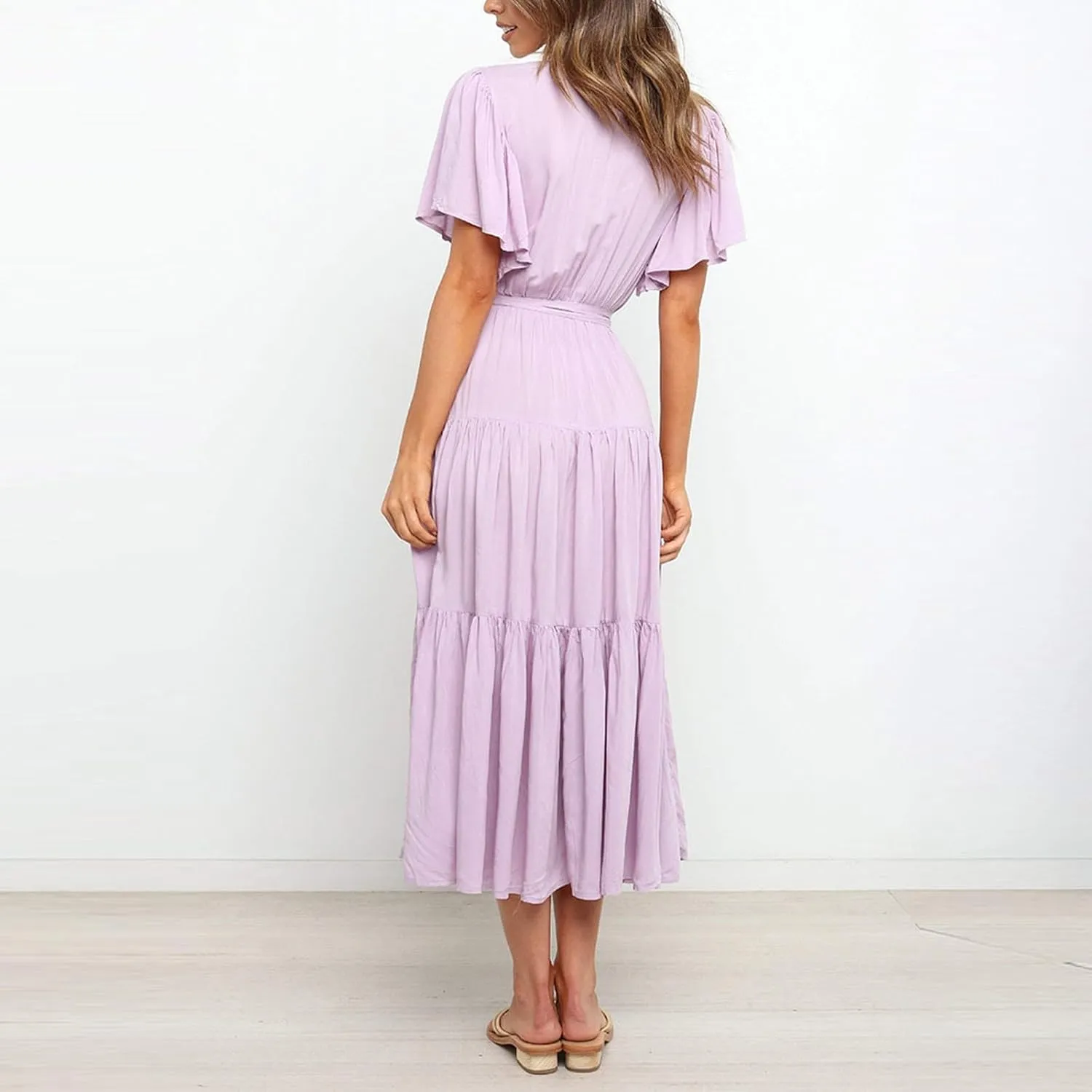 Dresses for Women Spring Wrap Dress Ruffle Short Sleeve V Neck Midi Dress Tiered Fashion Dress Summer with Belt