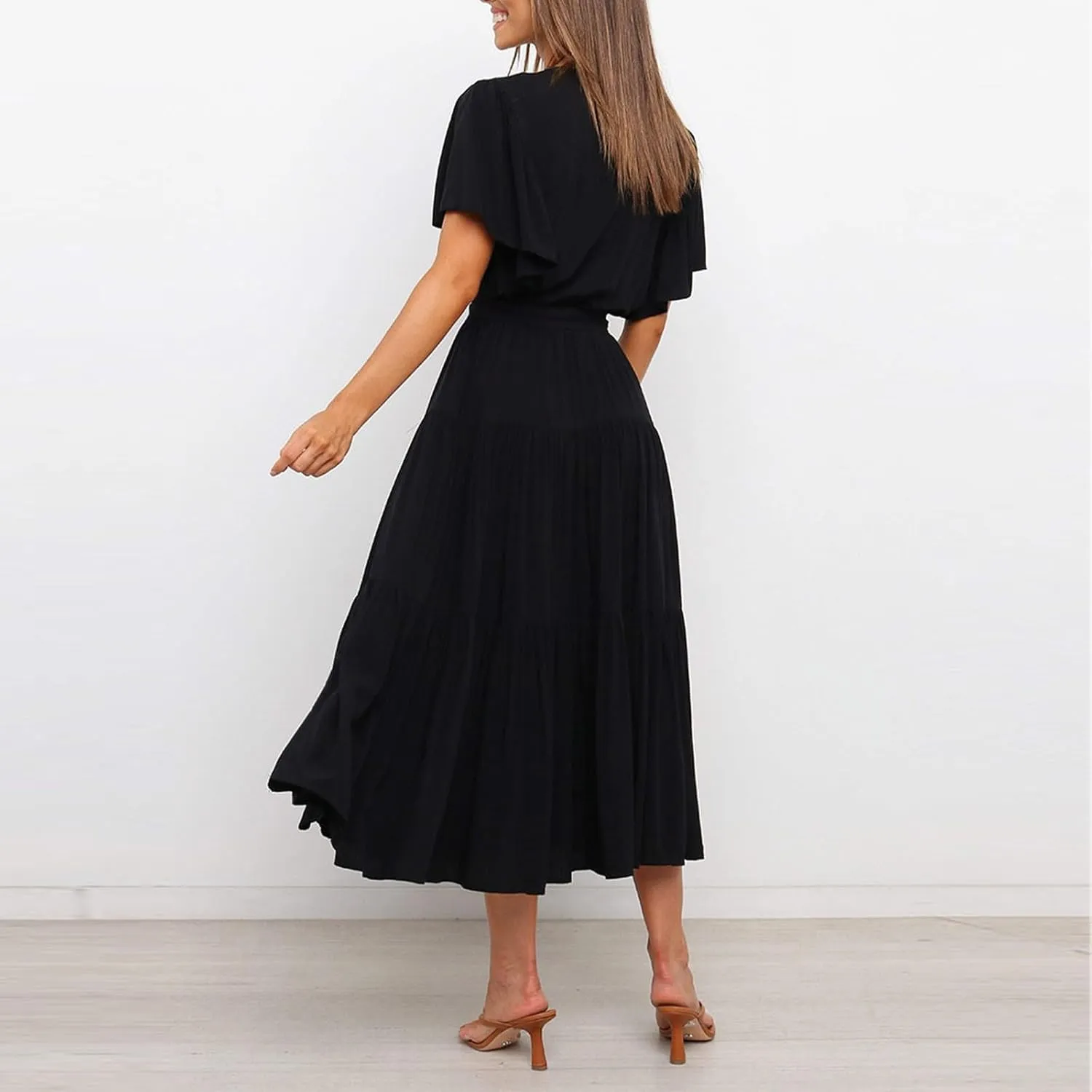 Dresses for Women Spring Wrap Dress Ruffle Short Sleeve V Neck Midi Dress Tiered Fashion Dress Summer with Belt