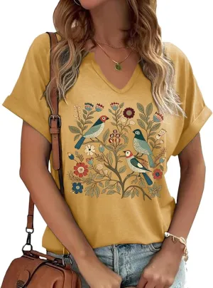 Earlymemb Womens Vintage Flowers V Neck Shirt Boho Floral Wildflowers Graphic Tee Casual Cottagecore Short Sleeve T Shirt