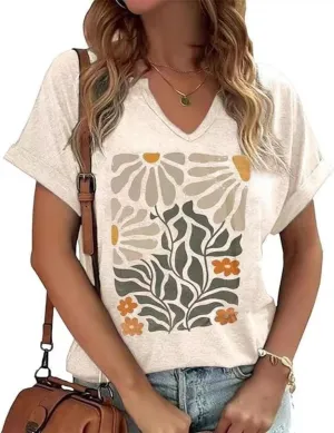 Earlymemb Womens Vintage Flowers V Neck Shirt Boho Floral Wildflowers Graphic Tee Casual Cottagecore Short Sleeve T Shirt