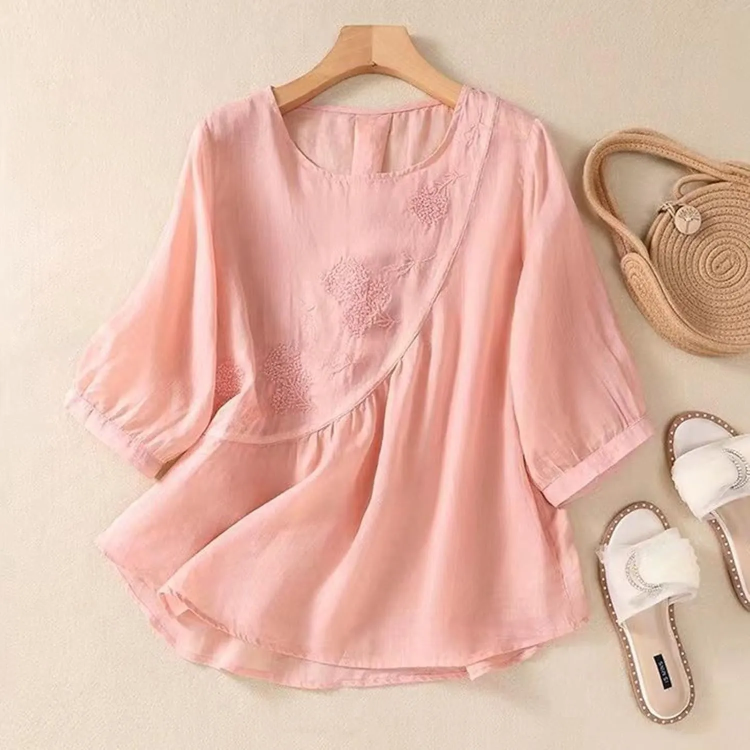 Embroidered Linen Shirts for Women 3/4 Sleeve Mexican Tunic Tops 2025 Summer Trendy Casual Vintage Boho Blouse Clothes