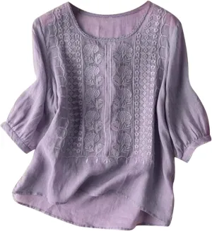 Embroidered Linen Shirts for Women 3/4 Sleeve Mexican Tunic Tops 2025 Summer Trendy Casual Vintage Boho Blouse Clothes