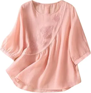 Embroidered Linen Shirts for Women 3/4 Sleeve Mexican Tunic Tops 2025 Summer Trendy Casual Vintage Boho Blouse Clothes
