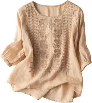 Embroidered Linen Shirts for Women 3/4 Sleeve Mexican Tunic Tops 2025 Summer Trendy Casual Vintage Boho Blouse Clothes