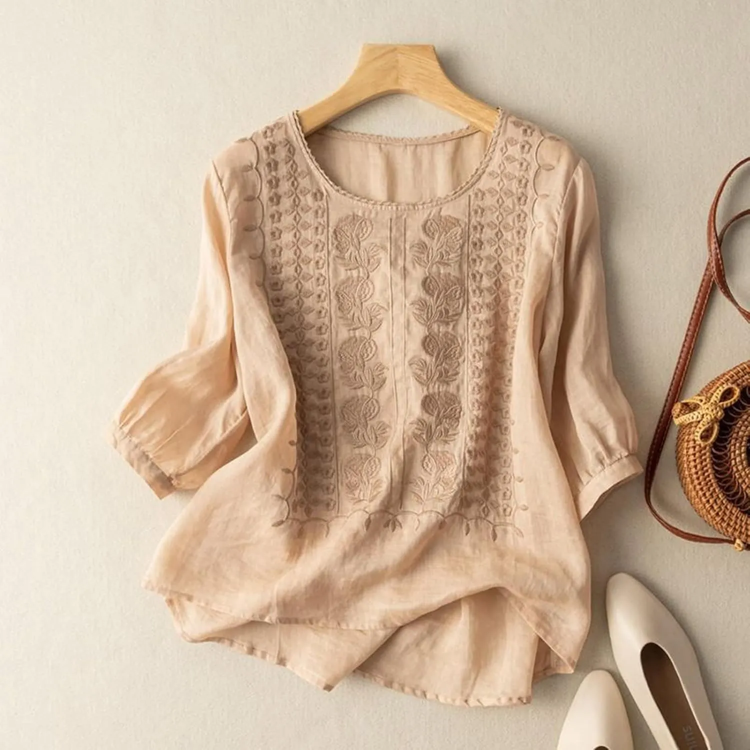 Embroidered Linen Shirts for Women 3/4 Sleeve Mexican Tunic Tops 2025 Summer Trendy Casual Vintage Boho Blouse Clothes