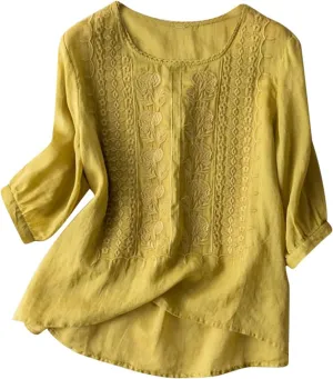Embroidered Linen Shirts for Women 3/4 Sleeve Mexican Tunic Tops 2025 Summer Trendy Casual Vintage Boho Blouse Clothes