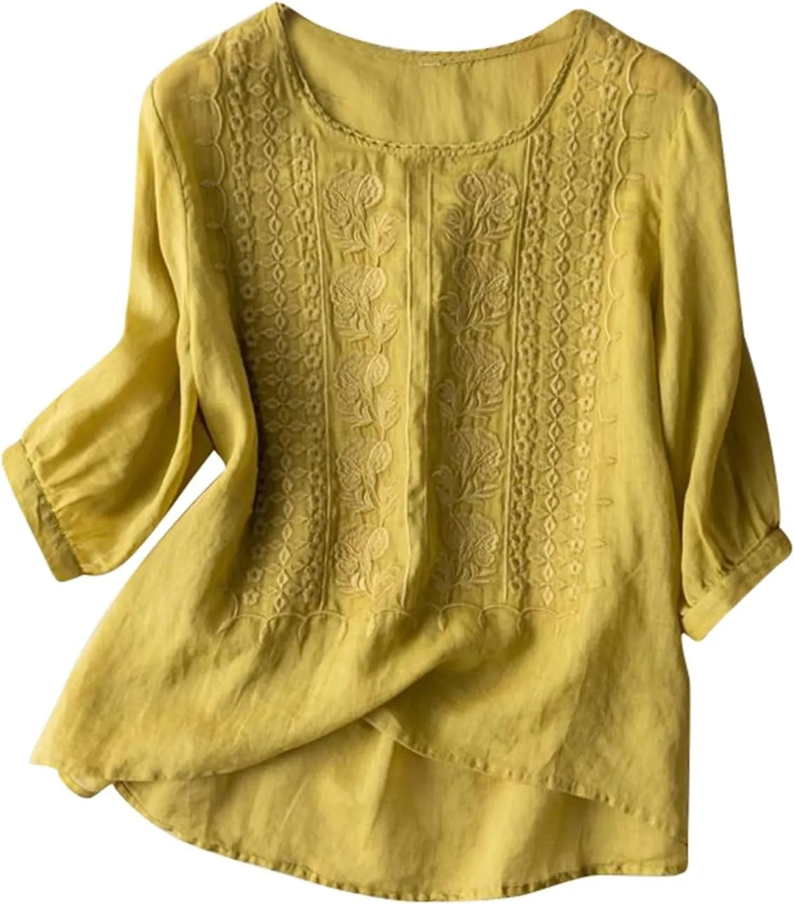 Embroidered Linen Shirts for Women 3/4 Sleeve Mexican Tunic Tops 2025 Summer Trendy Casual Vintage Boho Blouse Clothes