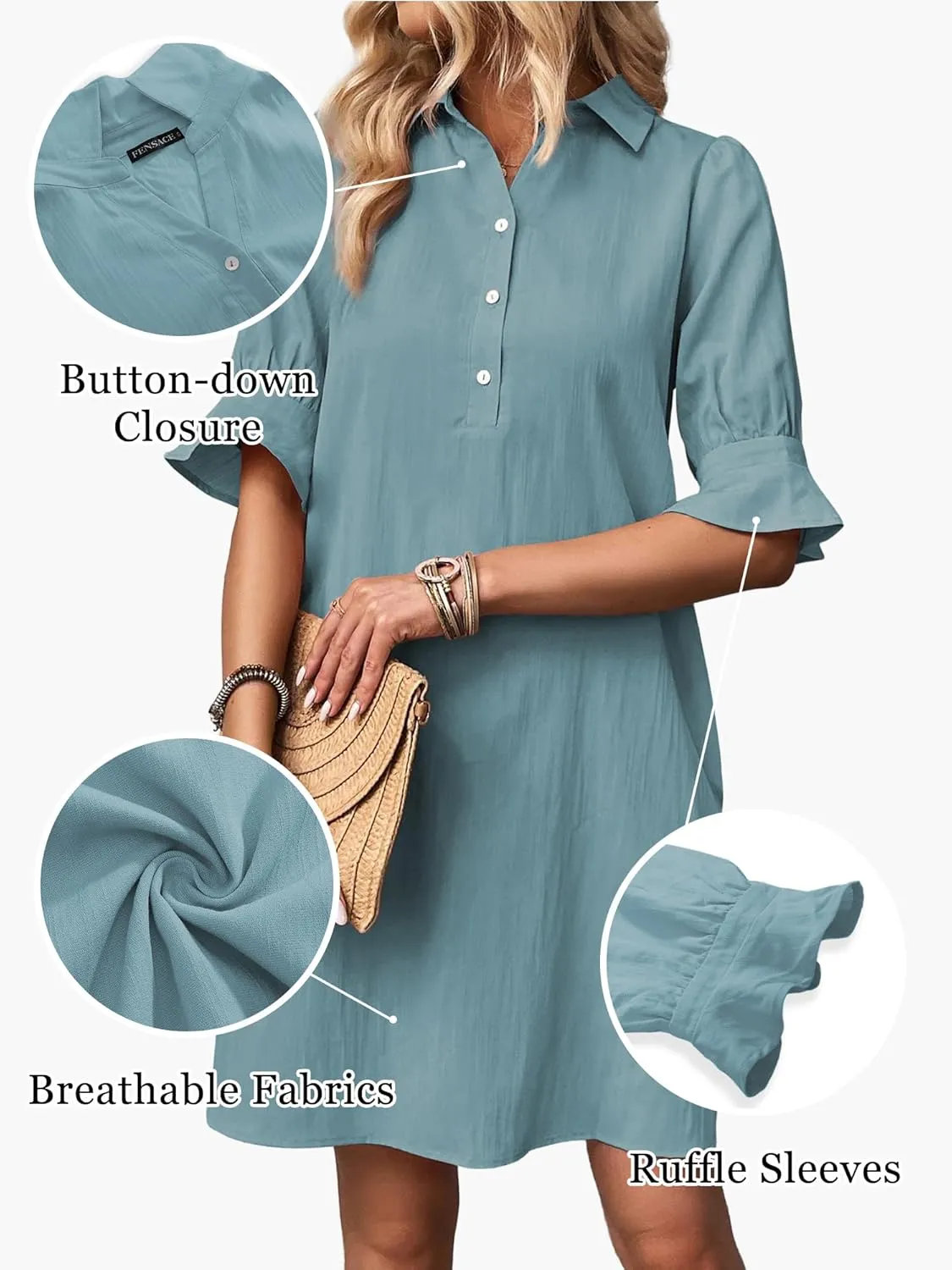 FENSACE Womens Casual Shirt Dress Ruffle Sleeve Solid Color Button Down Shift Summer Dresses with Pockets