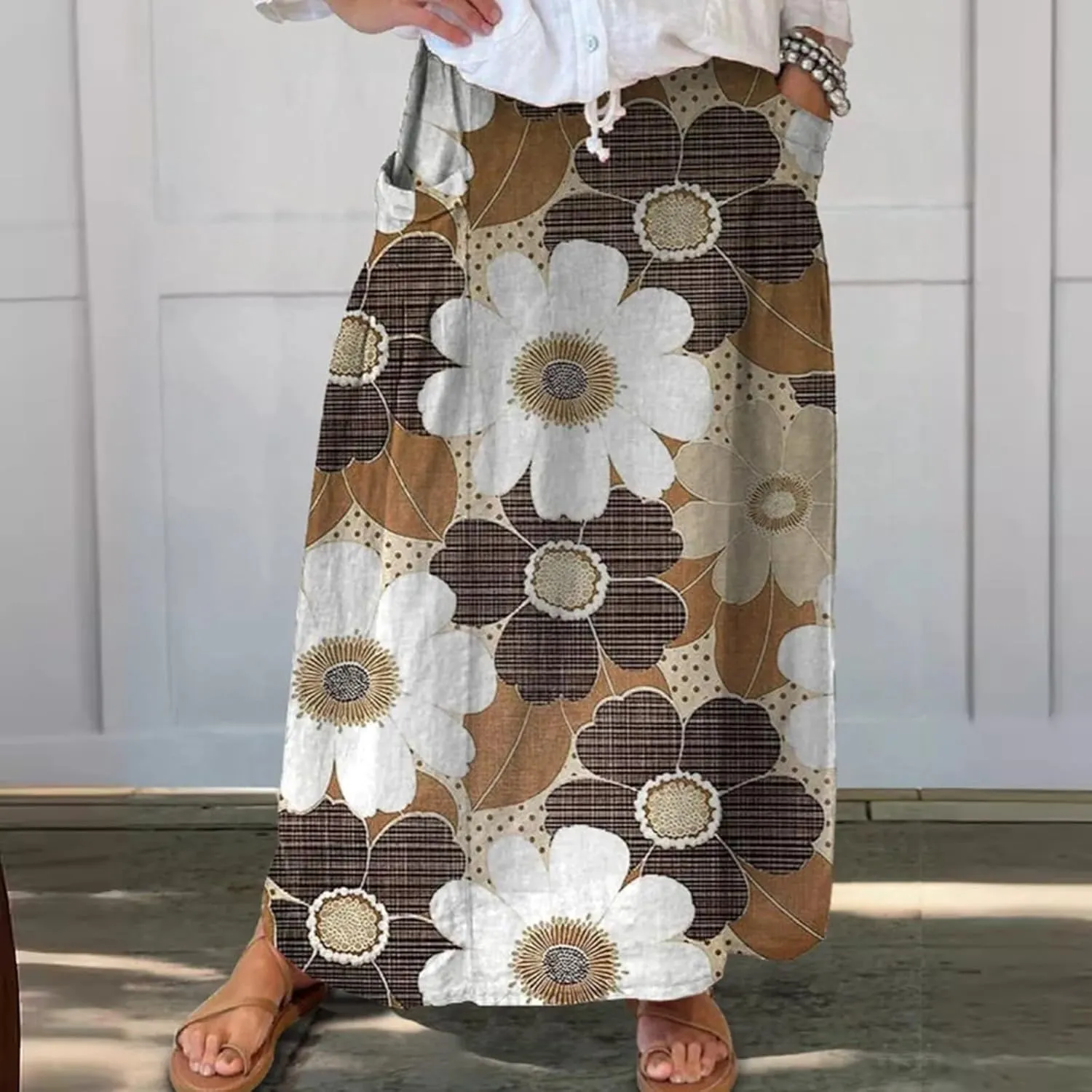 Floral Print Boho Maxi Skirt Women Elastic High Waist Tiered Pleated Flowy Long Summer Beach Skirt