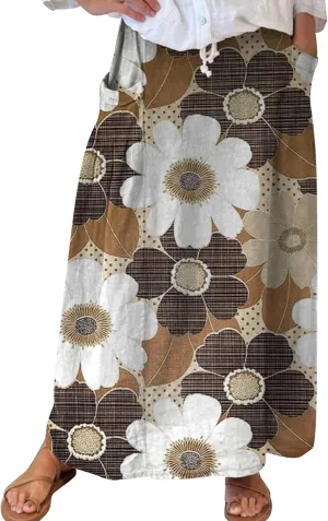 Floral Print Boho Maxi Skirt Women Elastic High Waist Tiered Pleated Flowy Long Summer Beach Skirt