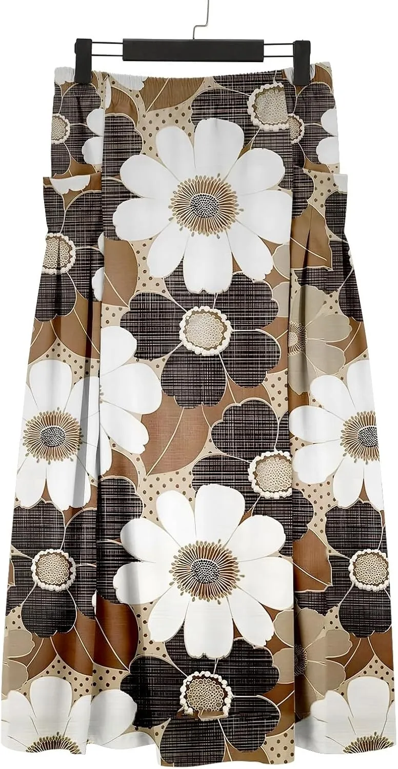 Floral Print Boho Maxi Skirt Women Elastic High Waist Tiered Pleated Flowy Long Summer Beach Skirt