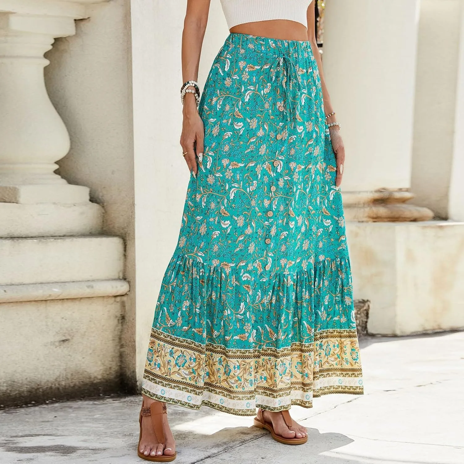 Floral Skirt,Easter Wrap Drawstring Tiered Flowy Maxi Skirts for Women 2025 Trendy Long Boho Skirt Spring Summer
