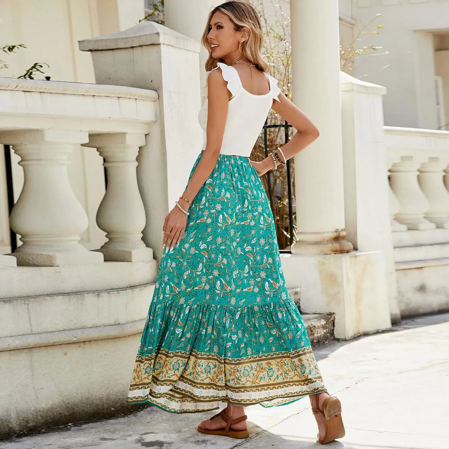 Floral Skirt,Easter Wrap Drawstring Tiered Flowy Maxi Skirts for Women 2025 Trendy Long Boho Skirt Spring Summer
