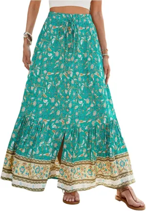 Floral Skirt,Easter Wrap Drawstring Tiered Flowy Maxi Skirts for Women 2025 Trendy Long Boho Skirt Spring Summer