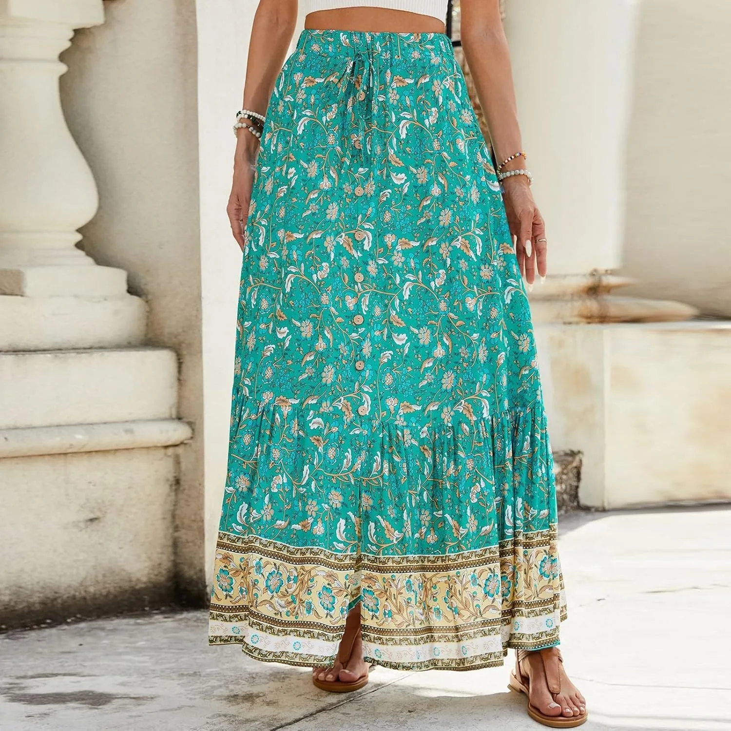 Floral Skirt,Easter Wrap Drawstring Tiered Flowy Maxi Skirts for Women 2025 Trendy Long Boho Skirt Spring Summer
