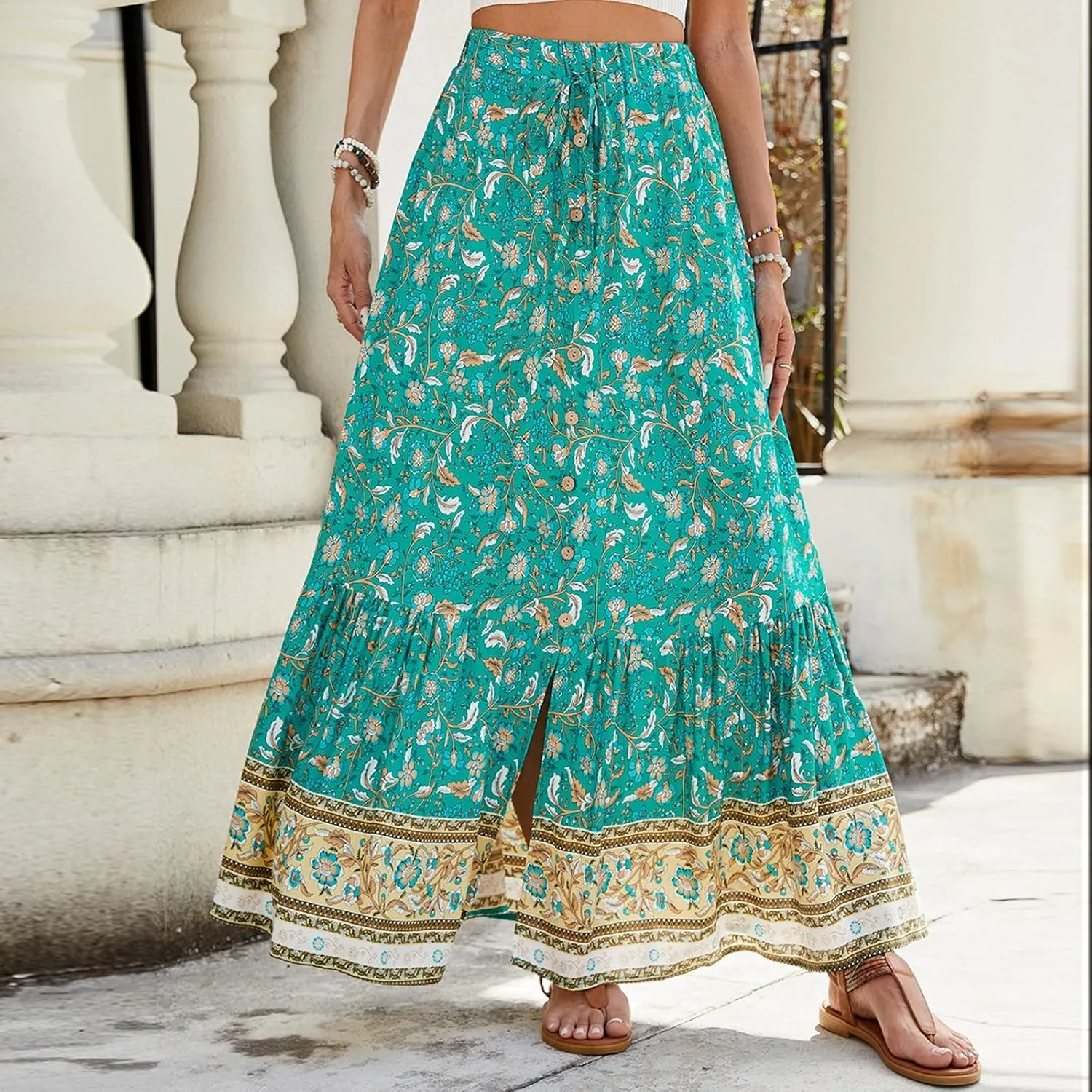 Floral Skirt,Easter Wrap Drawstring Tiered Flowy Maxi Skirts for Women 2025 Trendy Long Boho Skirt Spring Summer