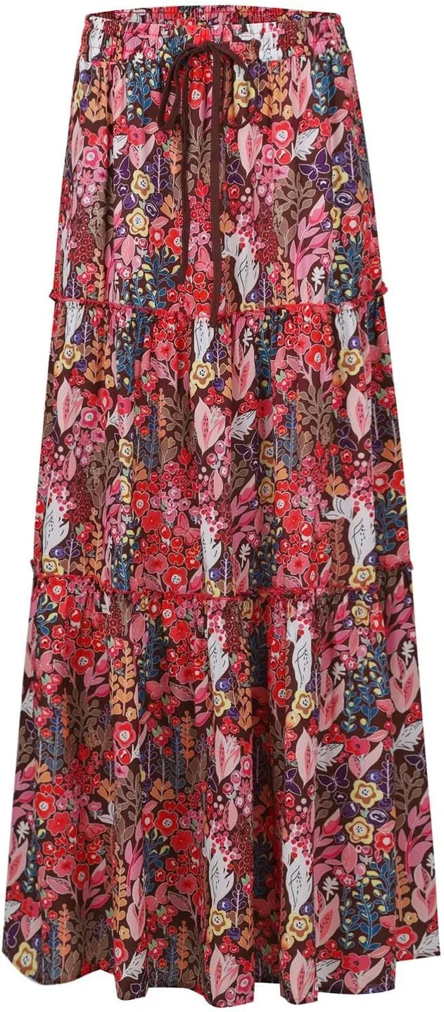 Flowy Maxi Skirts for Women High Waisted Tiered Long Skirt Ladies Soft Drawstring Casual Ruffle Skirts