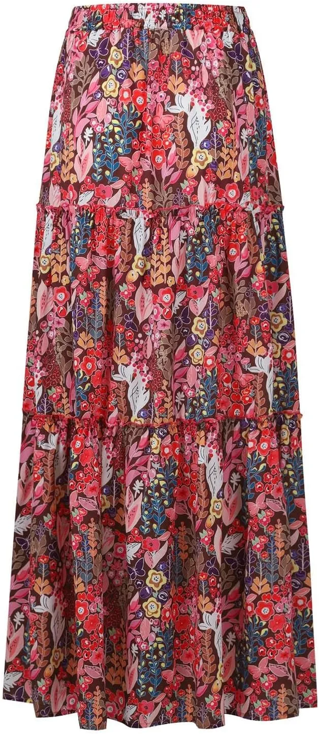 Flowy Maxi Skirts for Women High Waisted Tiered Long Skirt Ladies Soft Drawstring Casual Ruffle Skirts
