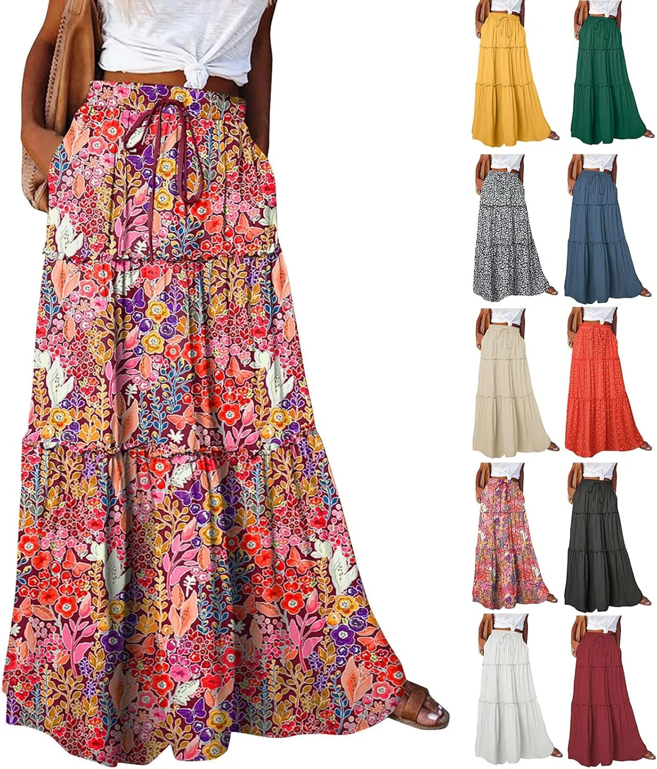 Flowy Maxi Skirts for Women High Waisted Tiered Long Skirt Ladies Soft Drawstring Casual Ruffle Skirts