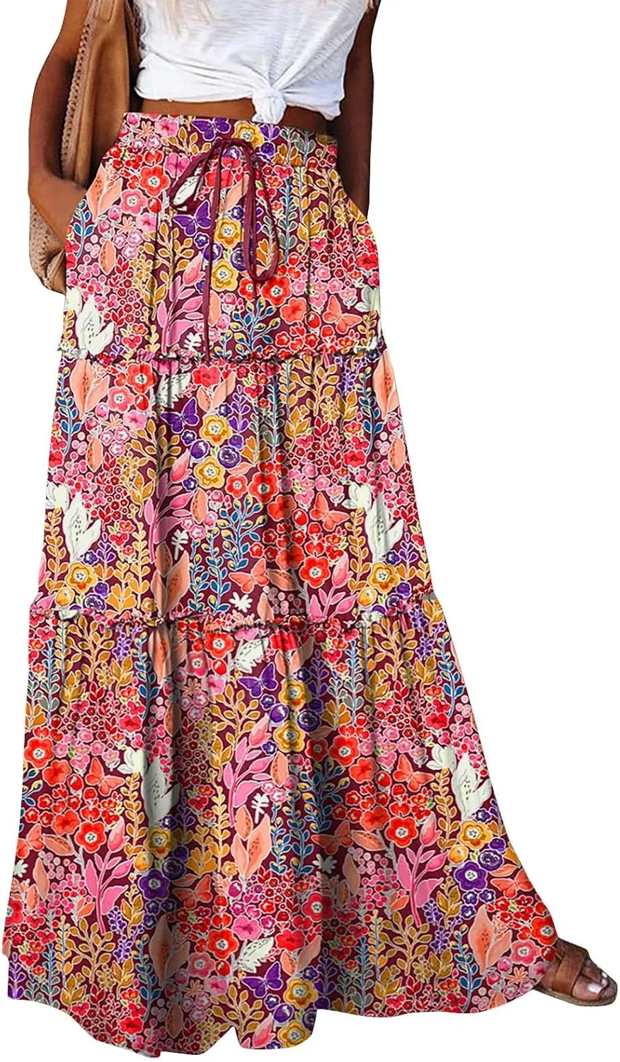 Flowy Maxi Skirts for Women High Waisted Tiered Long Skirt Ladies Soft Drawstring Casual Ruffle Skirts