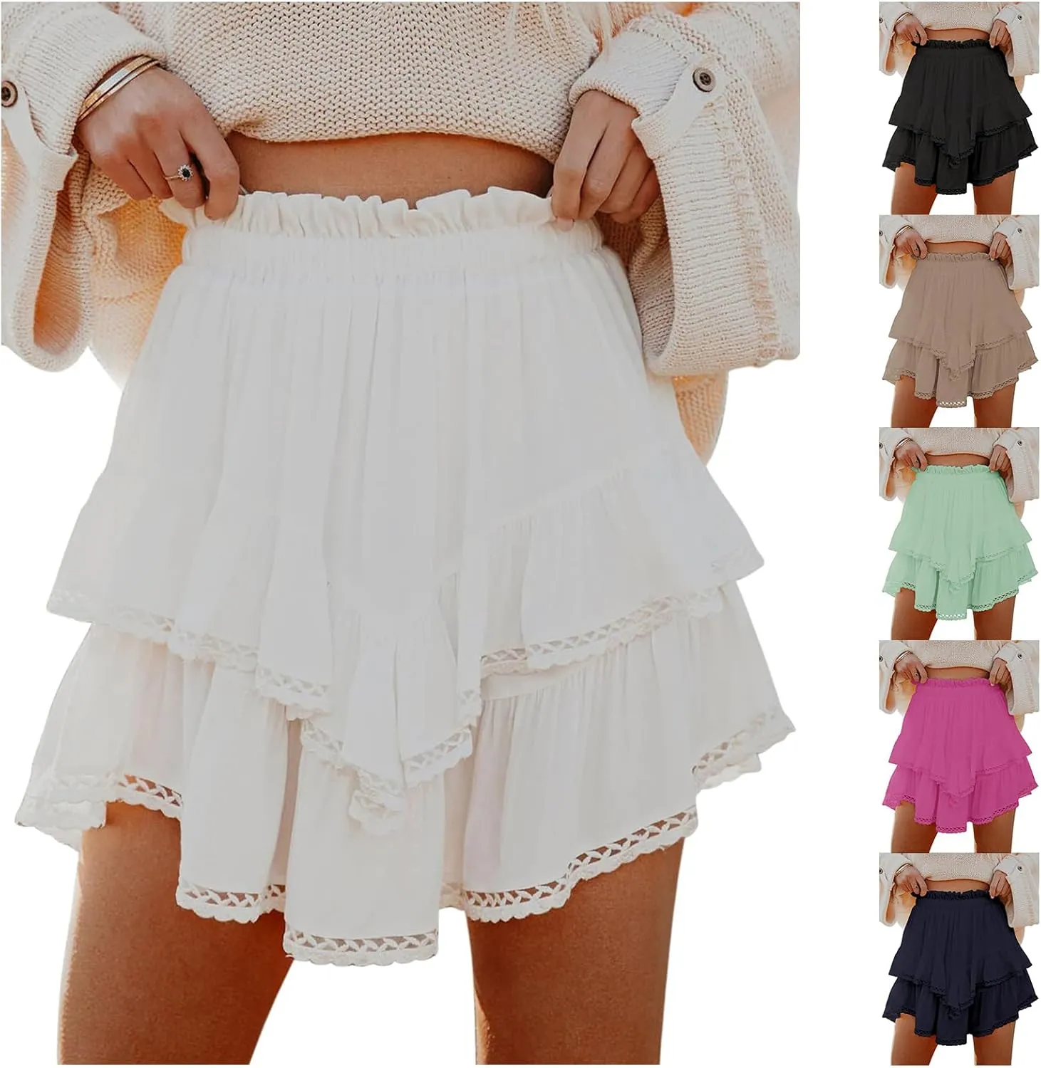Flowy Skirt for Women Casual Boho Ruffle Tiered Mini Skirts High Waist Golf Tennis Crochet Skirt Summer Y2K Clothes