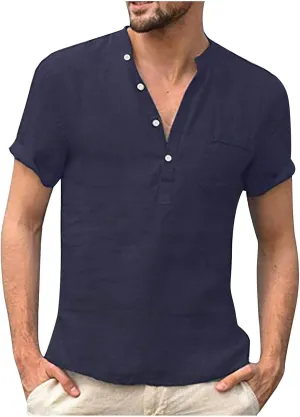 generic Men's Linen Shirts Casual Button Down Short Sleeve Summer Quick Dry Breathable T-Shirt Mens Lounge Tops Plain Solid