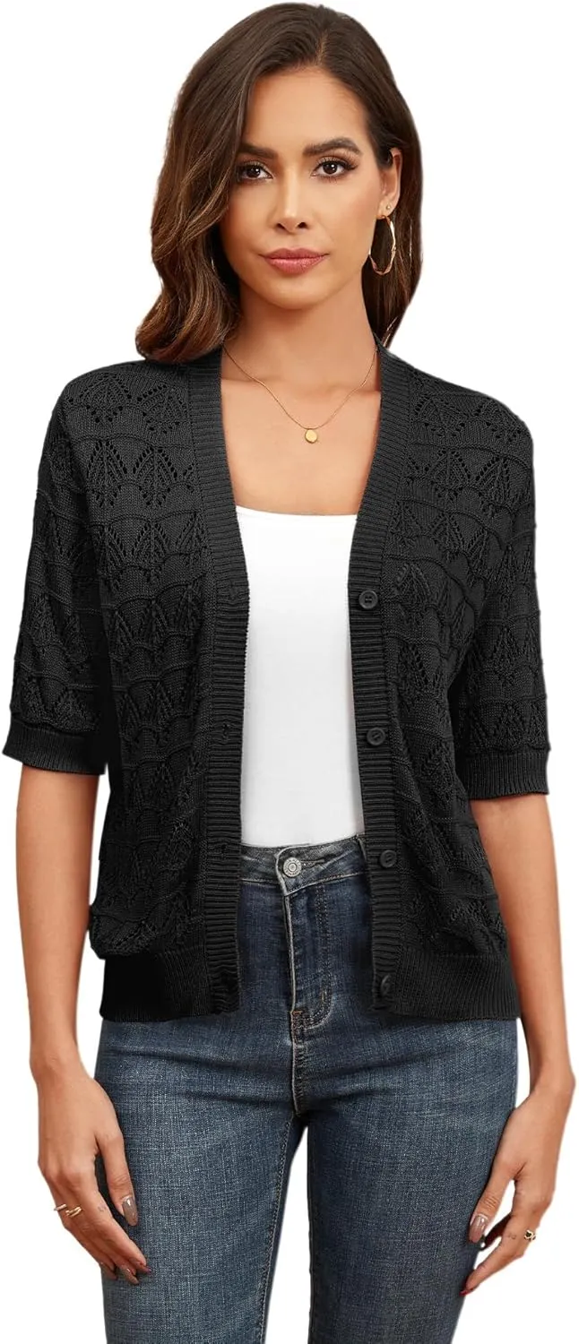 Genhoo Cropped Cardigan Sweaters for Women Short Sleeve Crochet Knit Bolero Shrug V-Neck Button up Hollowed-Out Knit Sweater