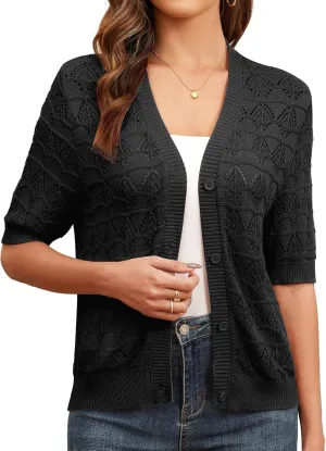 Genhoo Cropped Cardigan Sweaters for Women Short Sleeve Crochet Knit Bolero Shrug V-Neck Button up Hollowed-Out Knit Sweater
